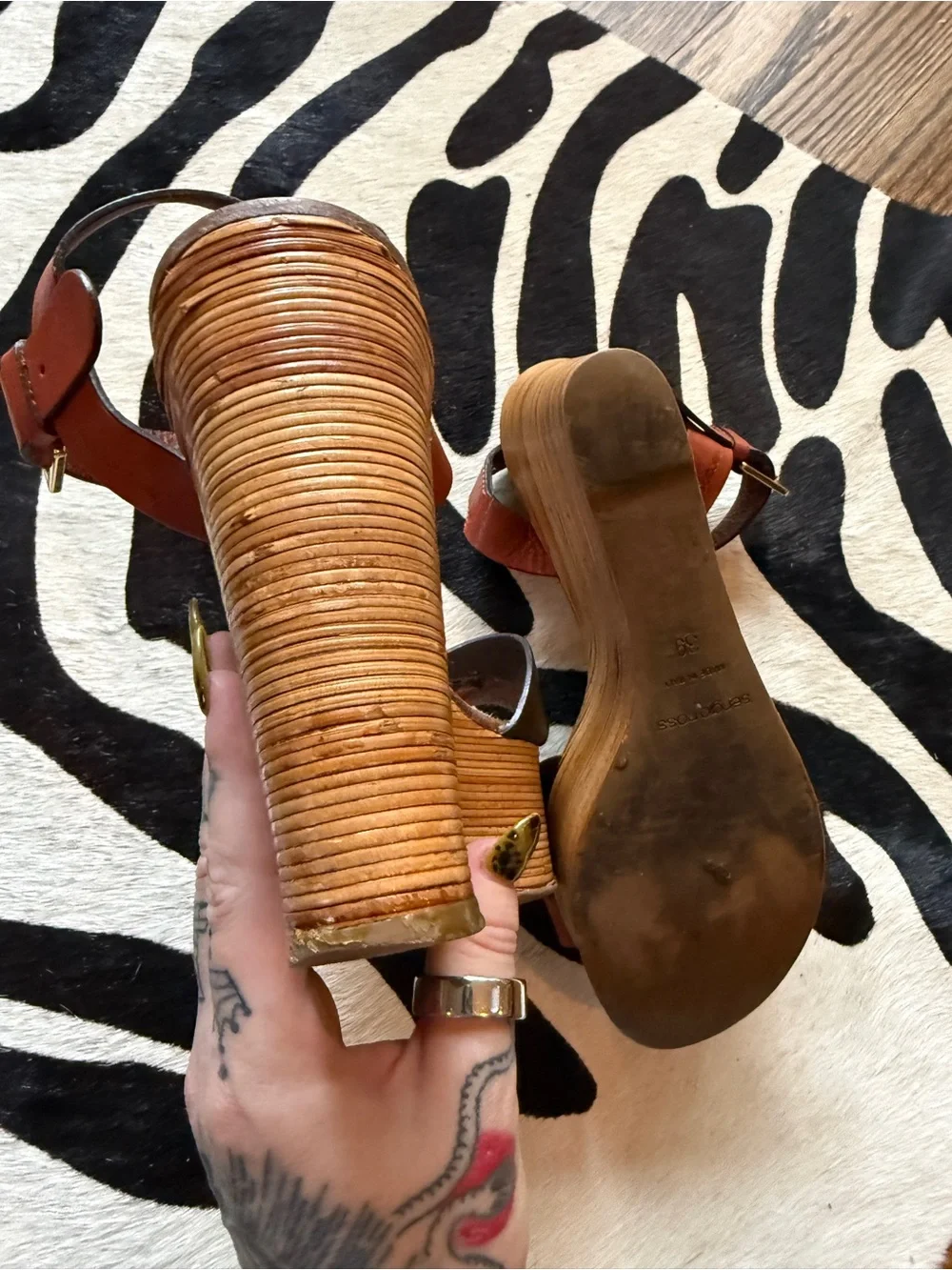 Sergio Rossi Brown and Rust Leather Platform Wedge Sandals